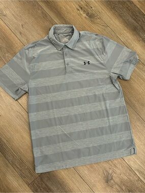 Under Armour Loose Fit HeatGear Polo Size Large, Grey Stripes, EUC!